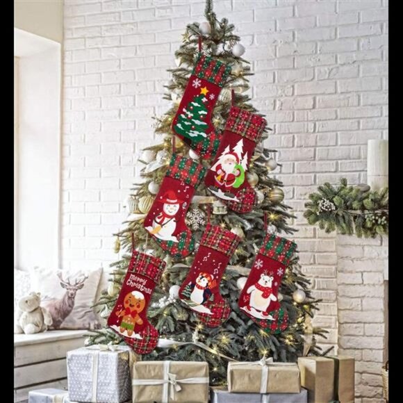 6 Pack Christmas Stockings(21inch) Embroidered Linen Applique Burlap - Picture 5 of 6